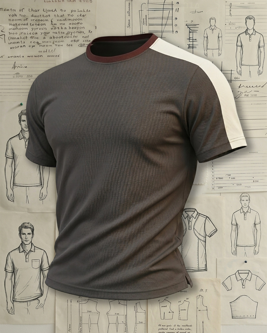 Men's Dark Grey and Wine Red Trim White Panel Slim Fit Retro Sporty Plain Crewneck T-shirt