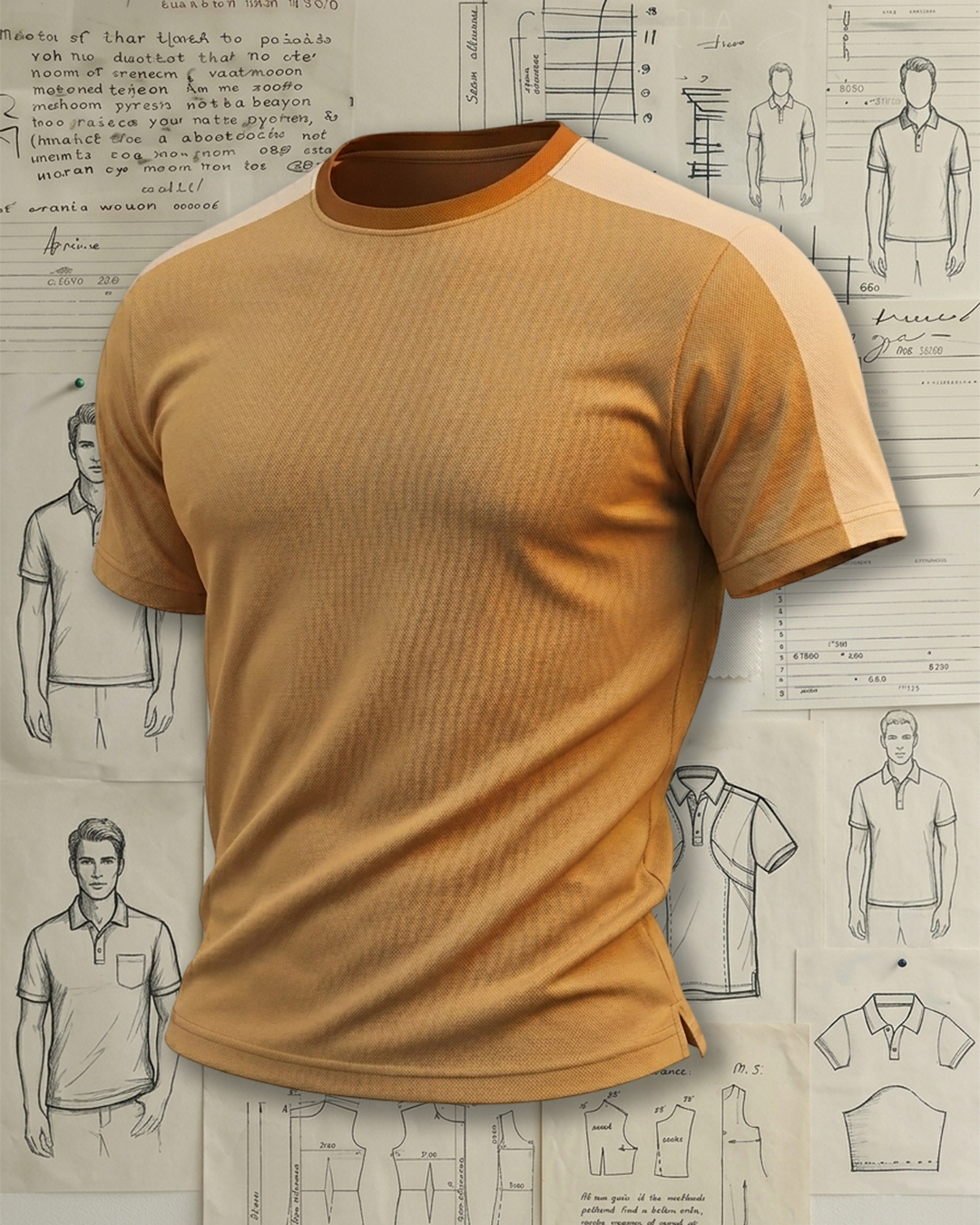 Men's Mustard Yellow and Beige Panel Slim Fit Retro Sporty Plain Crewneck T-shirt