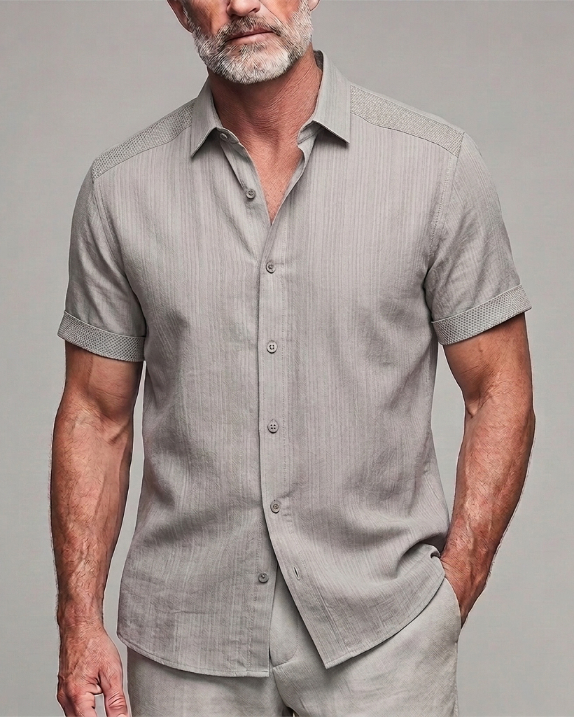 Men's Light Grey Vertical Stripe Linen Blend Slim Fit Smart Casual Plain Short Sleeve Shirt