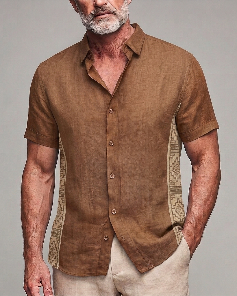 Men's Brown Ethnic Panel Slim Fit Vacation Casual Linen Short Sleeve Shirt