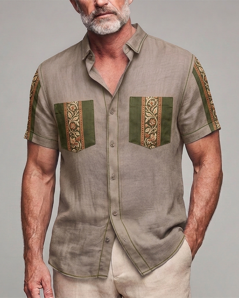 Men's Taupe Green Ethnic Floral Panel Slim Fit Retro Casual Linen Short Sleeve Shirt