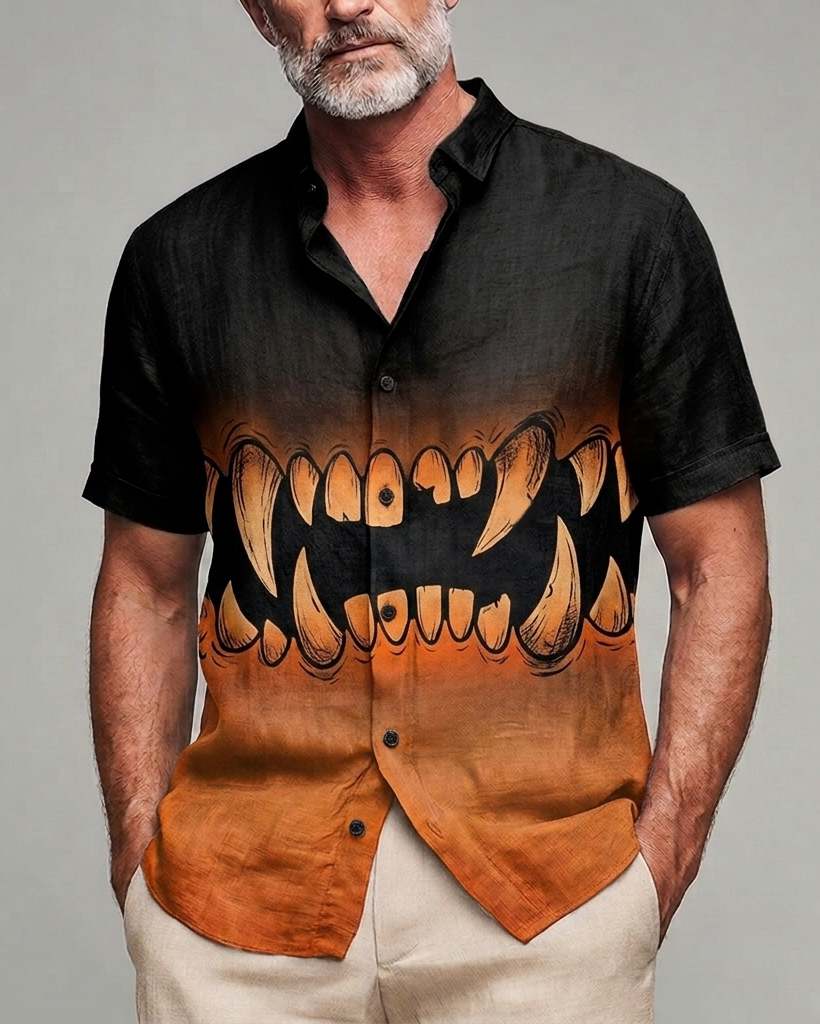 Men's Black to Orange Gradient Monster Teeth Slim Fit Street Casual Linen Blend Short Sleeve Shirt