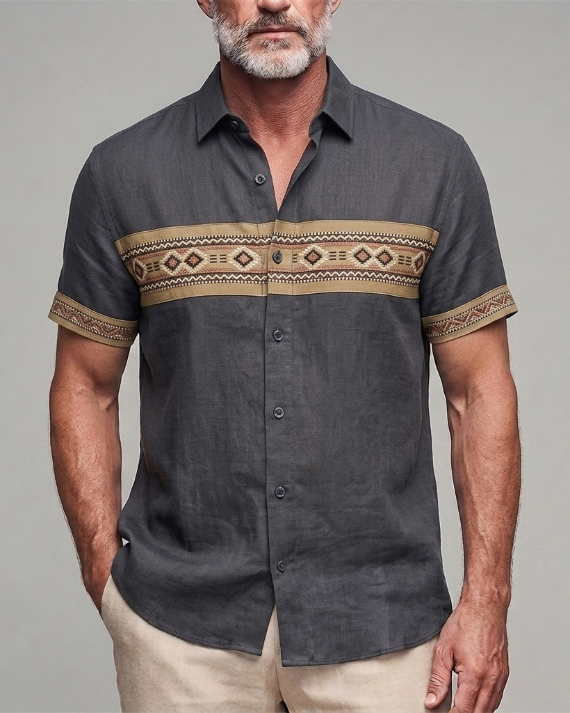 Men's Dark Grey Navajo Geometric Panel Slim Fit Retro Casual Linen Blend Short Sleeve Shirt