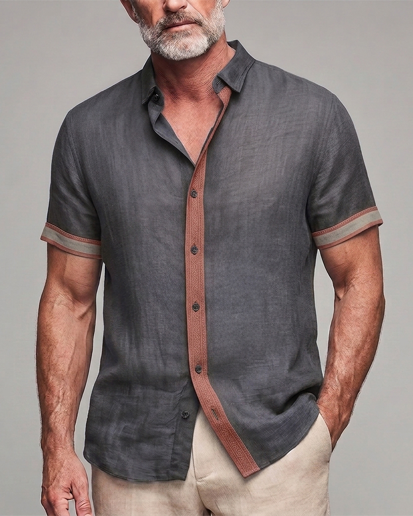 Men's Dark Grey and Rust Trim Slim Fit Smart Casual Plain Linen Blend Short Sleeve Shirt
