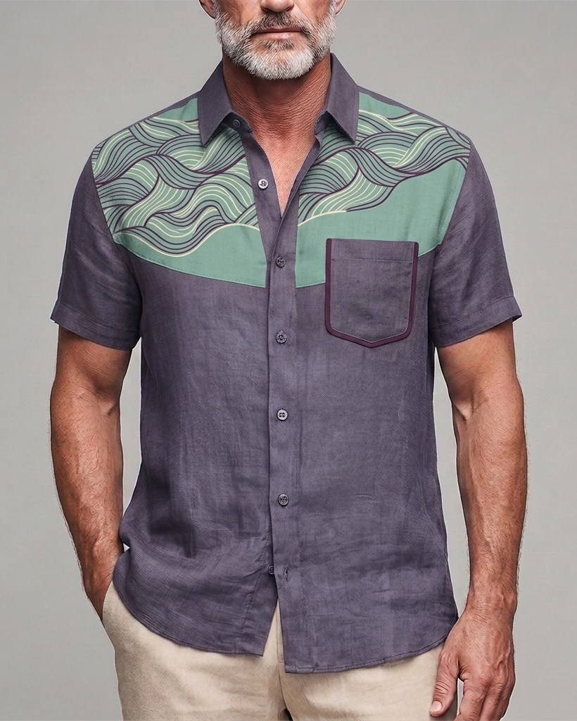 Men's Dusty Purple and Mint Green Wave Print Slim Fit Retro Vacation Linen Blend Short Sleeve Shirt