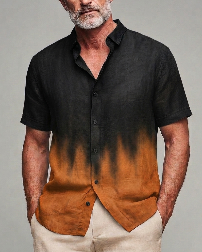Men's Black to Burnt Orange Gradient Slim Fit Street Casual Linen Blend Short Sleeve Shirt