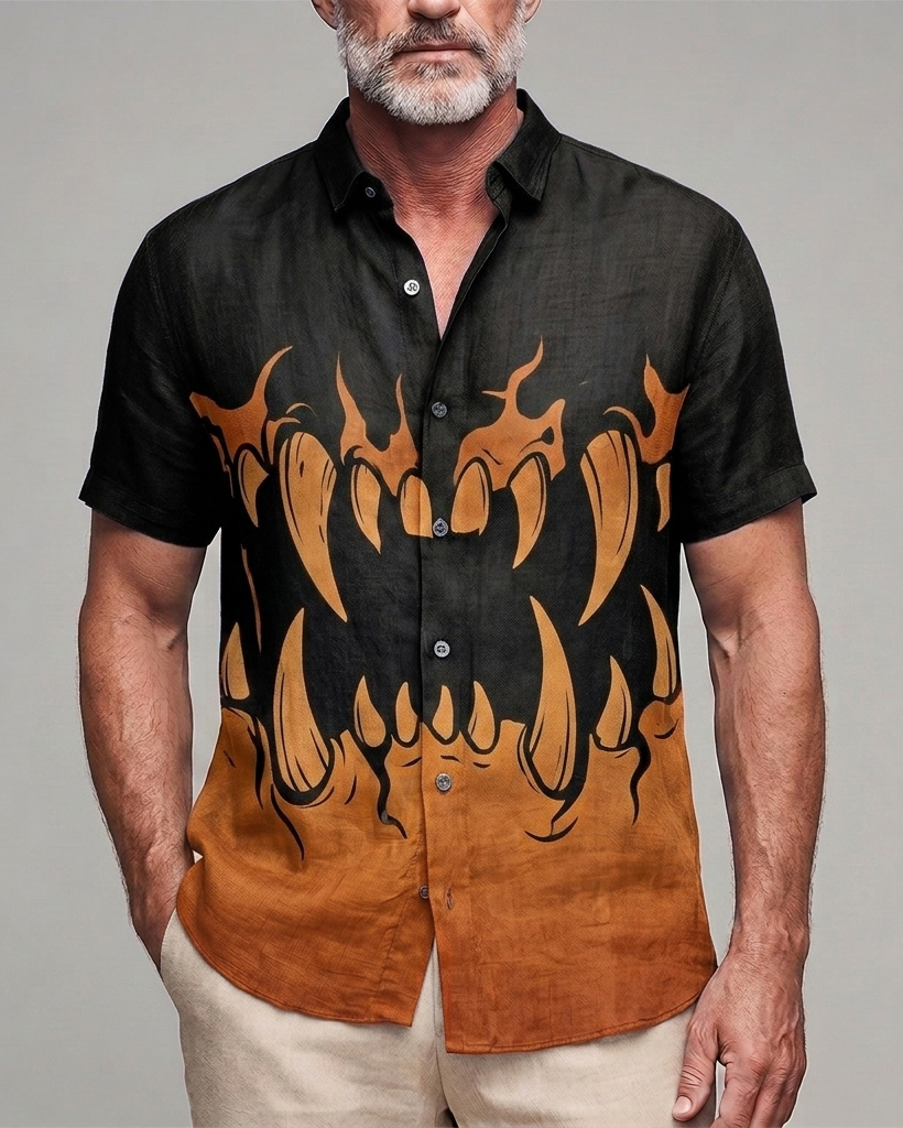 Men's Black to Burnt Orange Monster Fangs Slim Fit Street Punk Linen Blend Short Sleeve Shirt