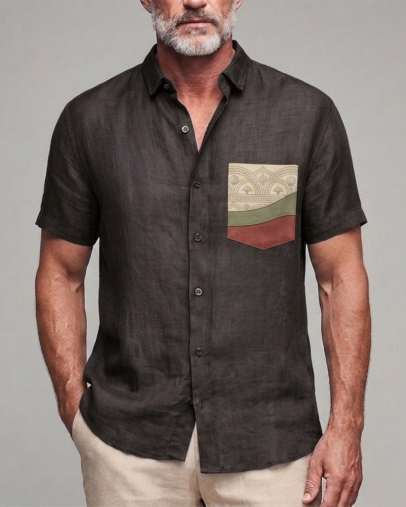 Men's Dark Brown Patch Pocket Slim Fit Retro Casual Linen Blend Short Sleeve Shirt