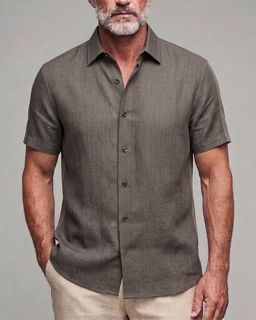 Men's Taupe Grey Subtle Vertical Stripe Slim Fit Smart Casual Linen Blend Short Sleeve Shirt