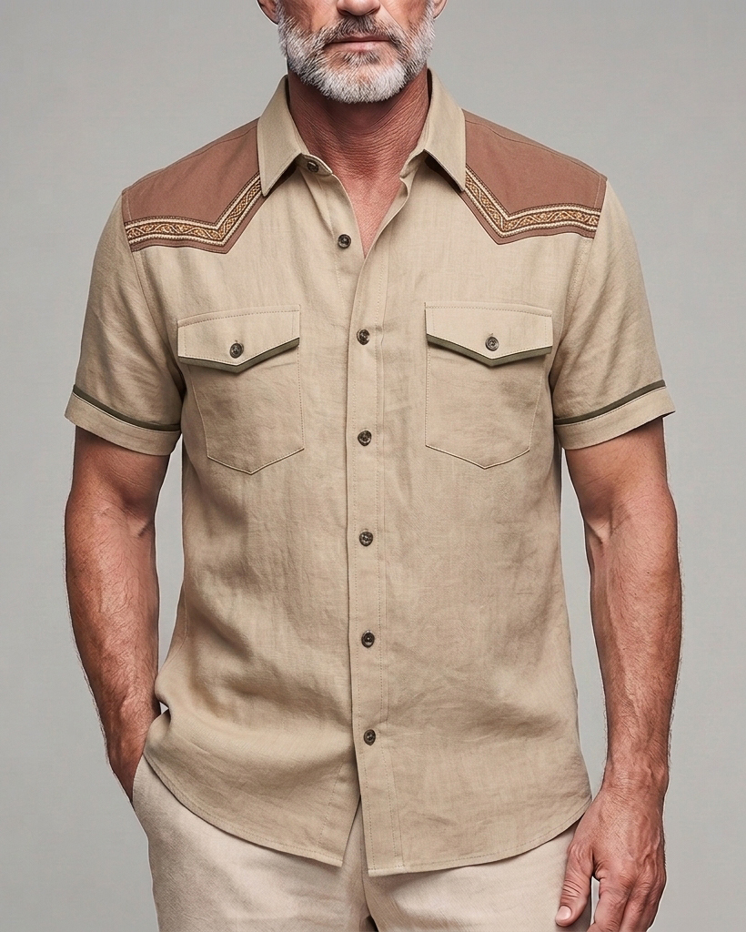 Men's Khaki Western Yoke Embroidered Slim Fit Retro Workwear Linen Blend Short Sleeve Shirt