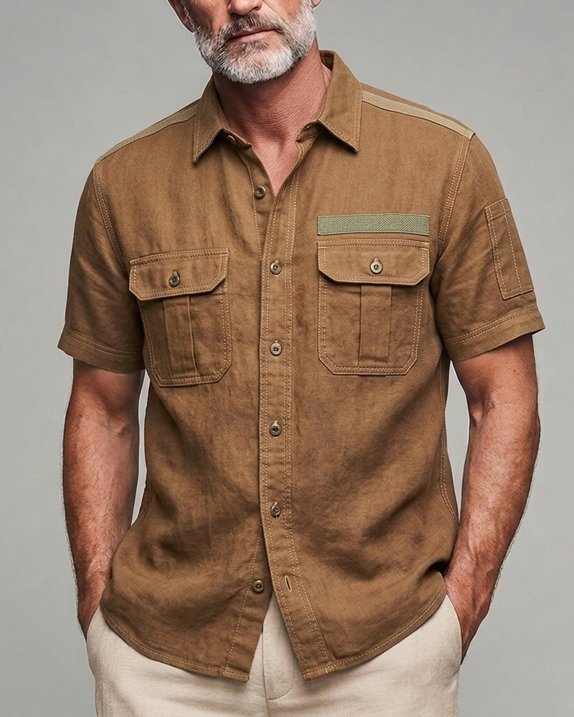 Men's Caramel Brown Multi-Pocket Slim Fit Tactical Workwear Linen Blend Short Sleeve Shirt