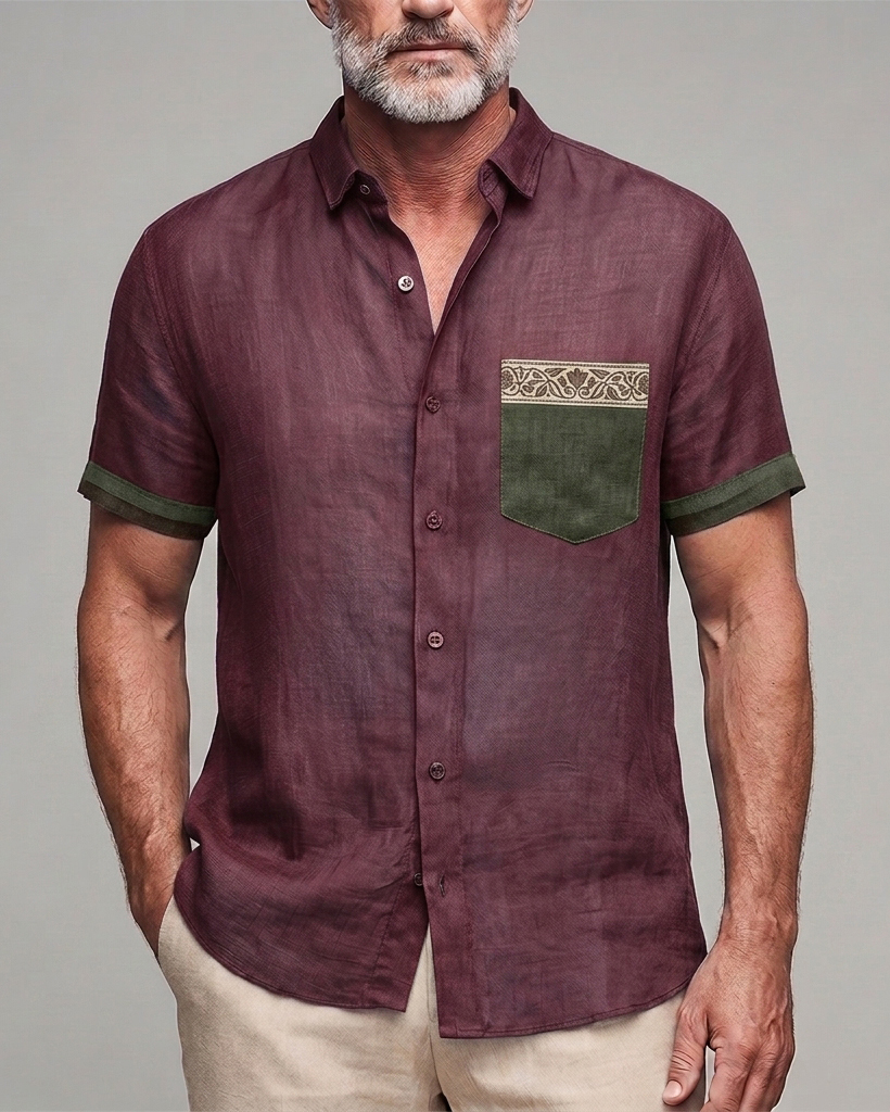 Men's Wine Red and Olive Trim Slim Fit Retro Ethnic Linen Blend Short Sleeve Shirt