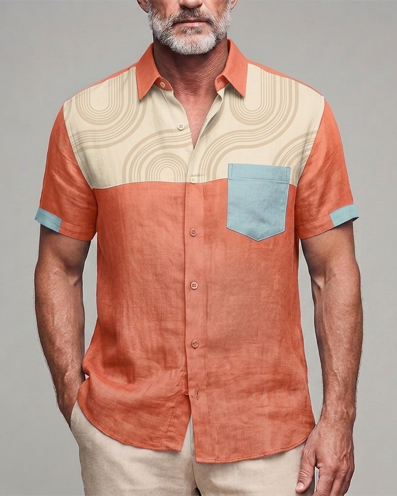 Men's Orange Beige and Sky Blue Geometric Arc Slim Fit Retro Vacation Linen Blend Short Sleeve Shirt