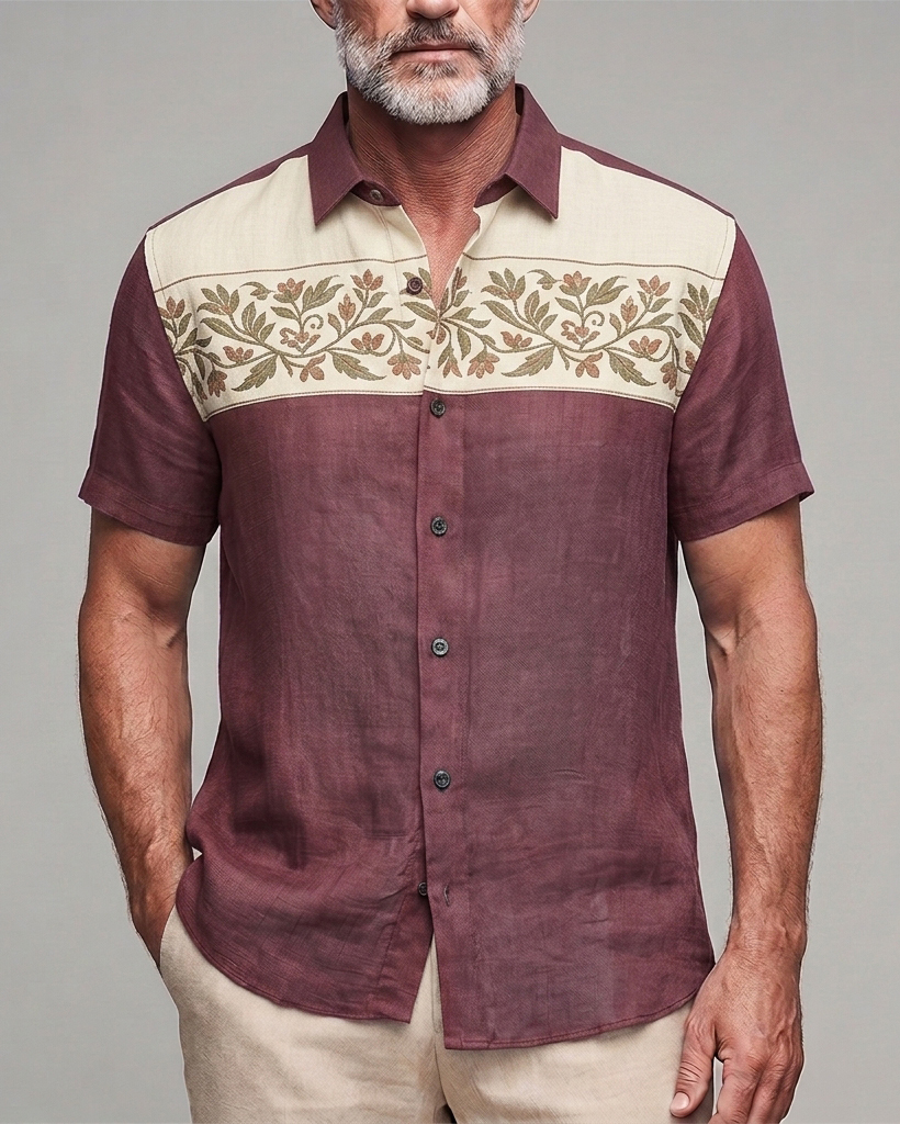 Men's Wine Red and Cream Floral Embroidered Slim Fit Retro Ethnic Linen Blend Short Sleeve Shirt