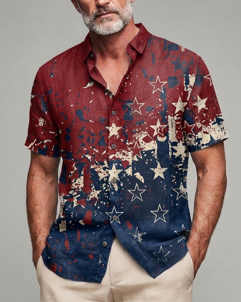 Men's Red Blue Distressed Star Print Slim Fit Retro Street Linen Blend Short Sleeve Shirt
