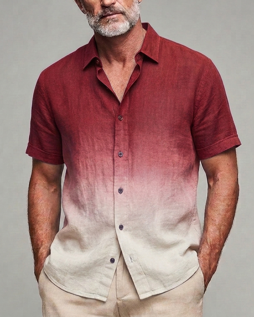 Men's Burgundy to Cream Gradient Slim Fit Minimalist Casual Linen Blend Short Sleeve Shirt