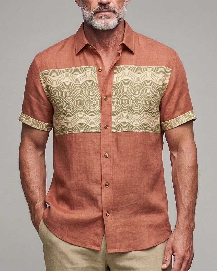 Men's Terracotta and Beige Geometric Embroidered Slim Fit Retro Ethnic Linen Blend Short Sleeve Shirt