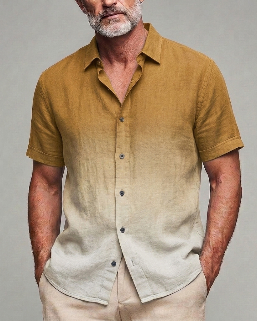 Men's Slate Blue to Light Grey Gradient Slim Fit Minimalist Casual Linen Blend Short Sleeve Shirt
