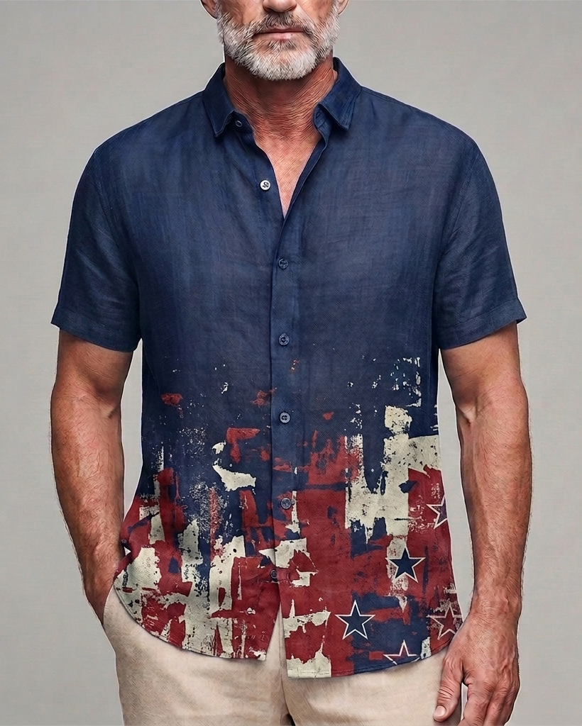 Men's Navy Red Beige Distressed Star Print Slim Fit Retro Street Linen Blend Short Sleeve Shirt