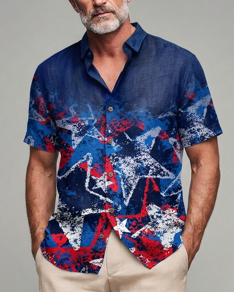 Men's Navy Red White Distressed Star Print Slim Fit Retro Street Linen Blend Short Sleeve Shirt