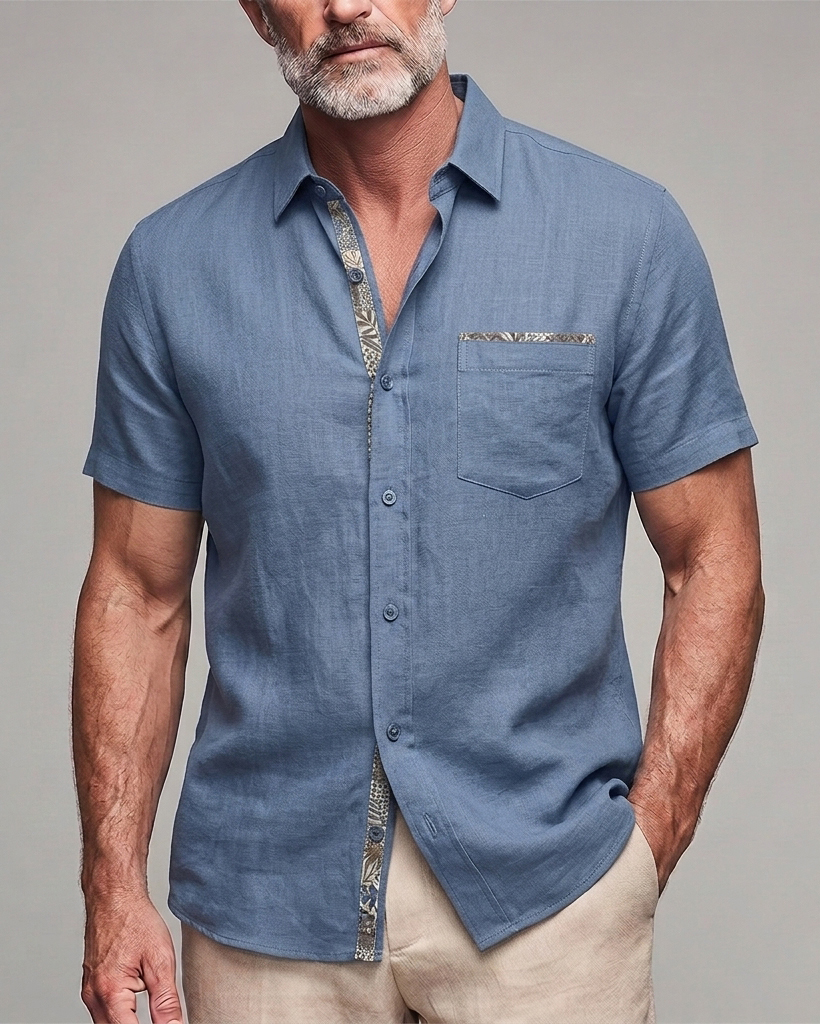 Men's Slate Blue and Beige Floral Trim Slim Fit Minimalist Casual Linen Blend Short Sleeve Shirt