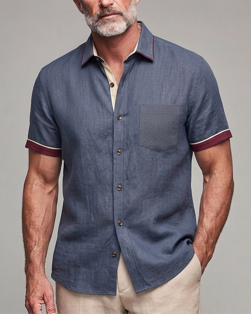Men's Slate Blue and Burgundy Trim Slim Fit Smart Casual Linen Blend Short Sleeve Shirt