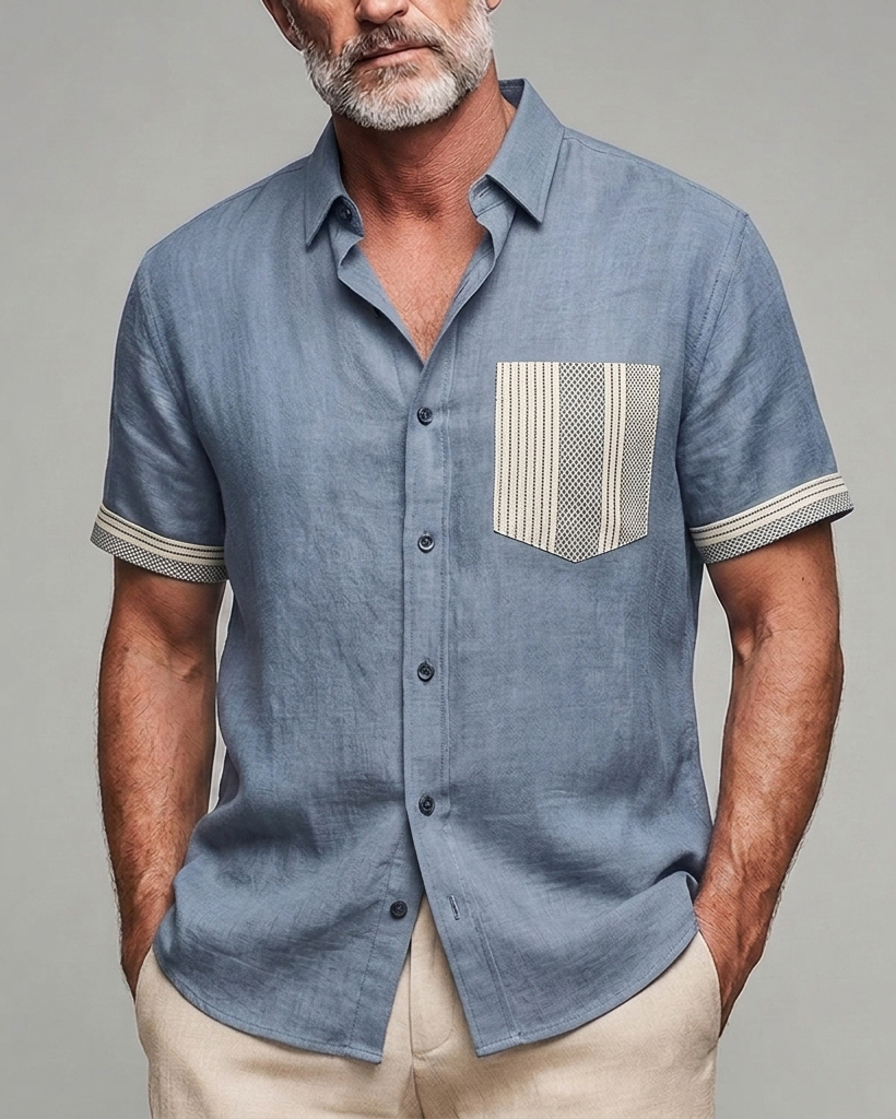 Men's Light Blue and Beige Stripe Patch Slim Fit Casual Linen Blend Short Sleeve Shirt