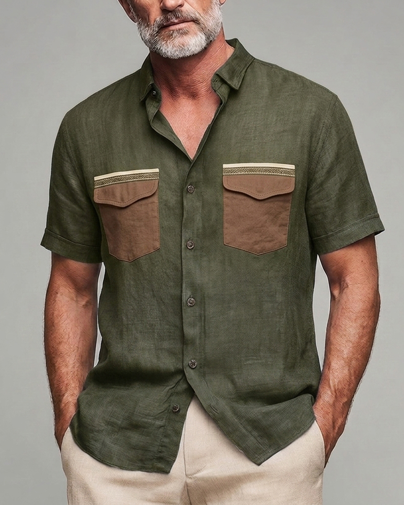 Men's Olive Green and Brown Patch Pocket Slim Fit Retro Workwear Linen Blend Short Sleeve Shirt