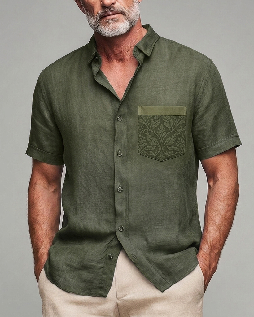Men's Olive Green Leaf Embossed Pocket Slim Fit Old Money Casual Linen Blend Short Sleeve Shirt