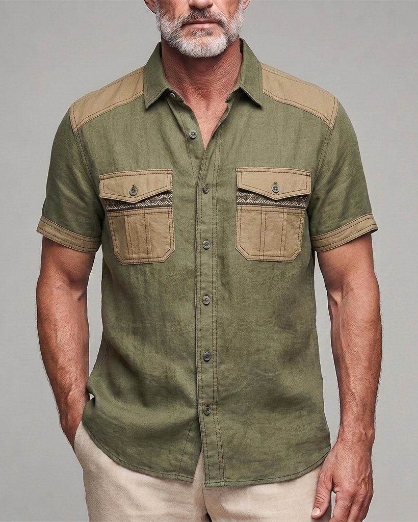 Men's Olive Green Khaki Patch Pocket Slim Fit Retro Workwear Linen Blend Short Sleeve Shirt