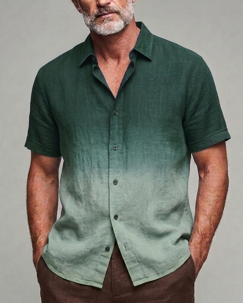 Men's Dark Green to Light Sage Gradient Slim Fit Casual Linen Blend Short Sleeve Shirt