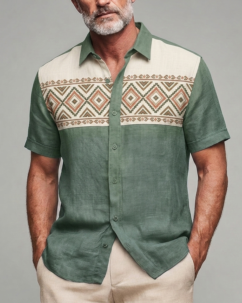 Men's Sage Green and Beige Aztec Geometric Print Slim Fit Retro Vacation Linen Blend Short Sleeve Shirt