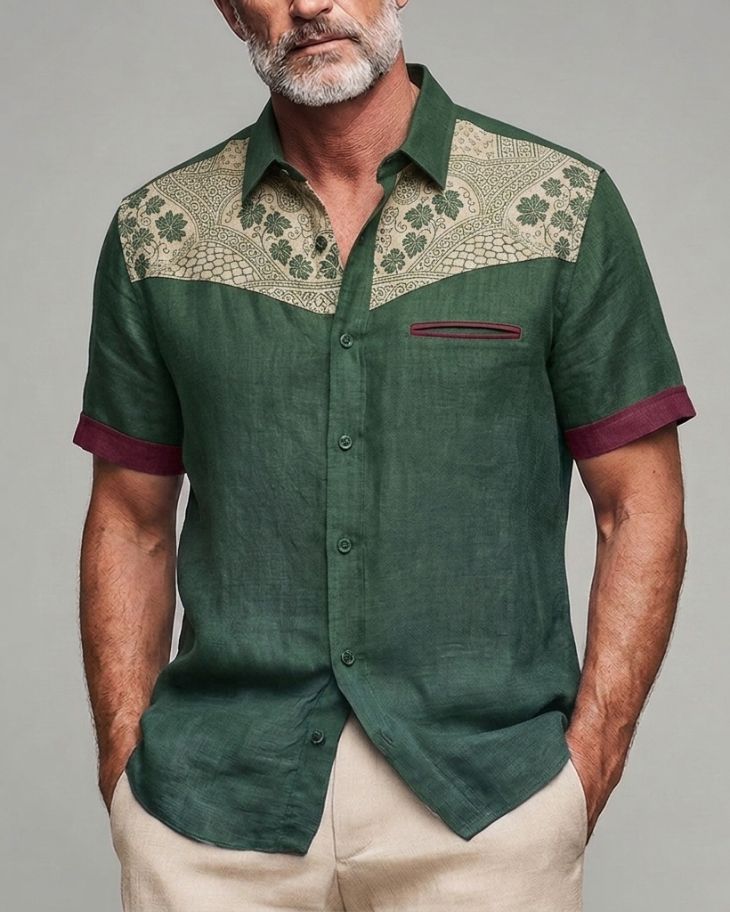 Men's Dark Green and Beige Paisley Patch Slim Fit Western Retro Linen Blend Short Sleeve Shirt