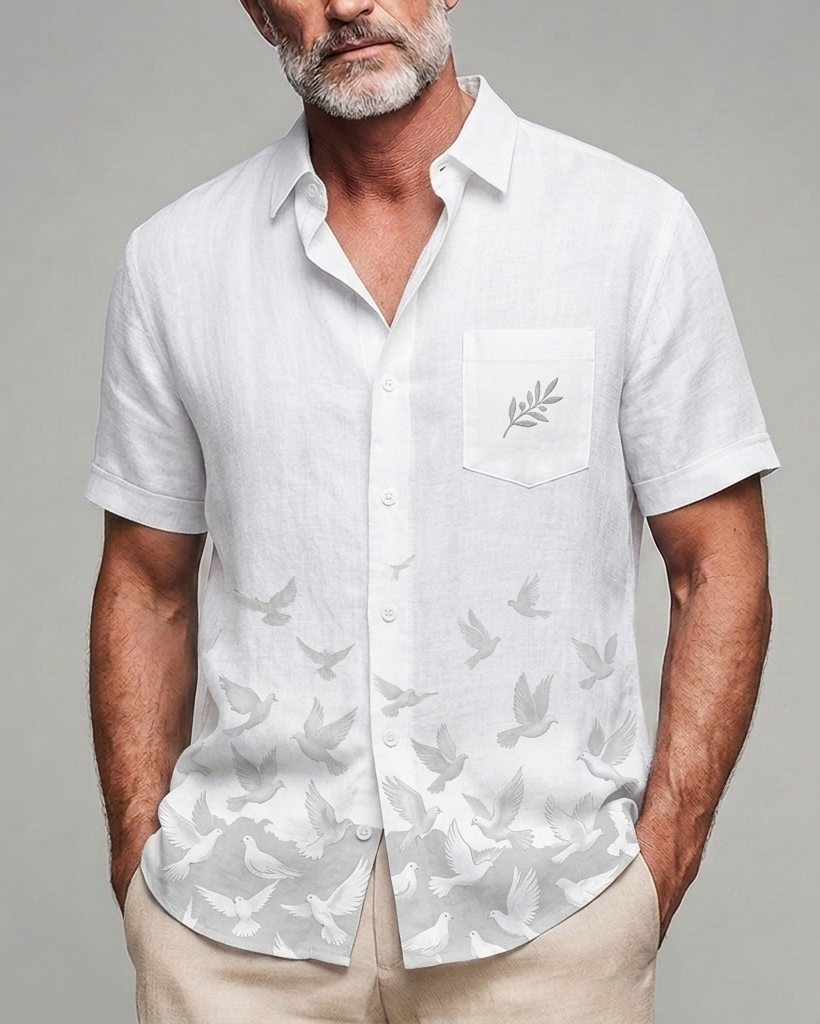 Men's White Dove and Olive Branch Print Slim Fit Minimalist Casual Linen Blend Short Sleeve Shirt