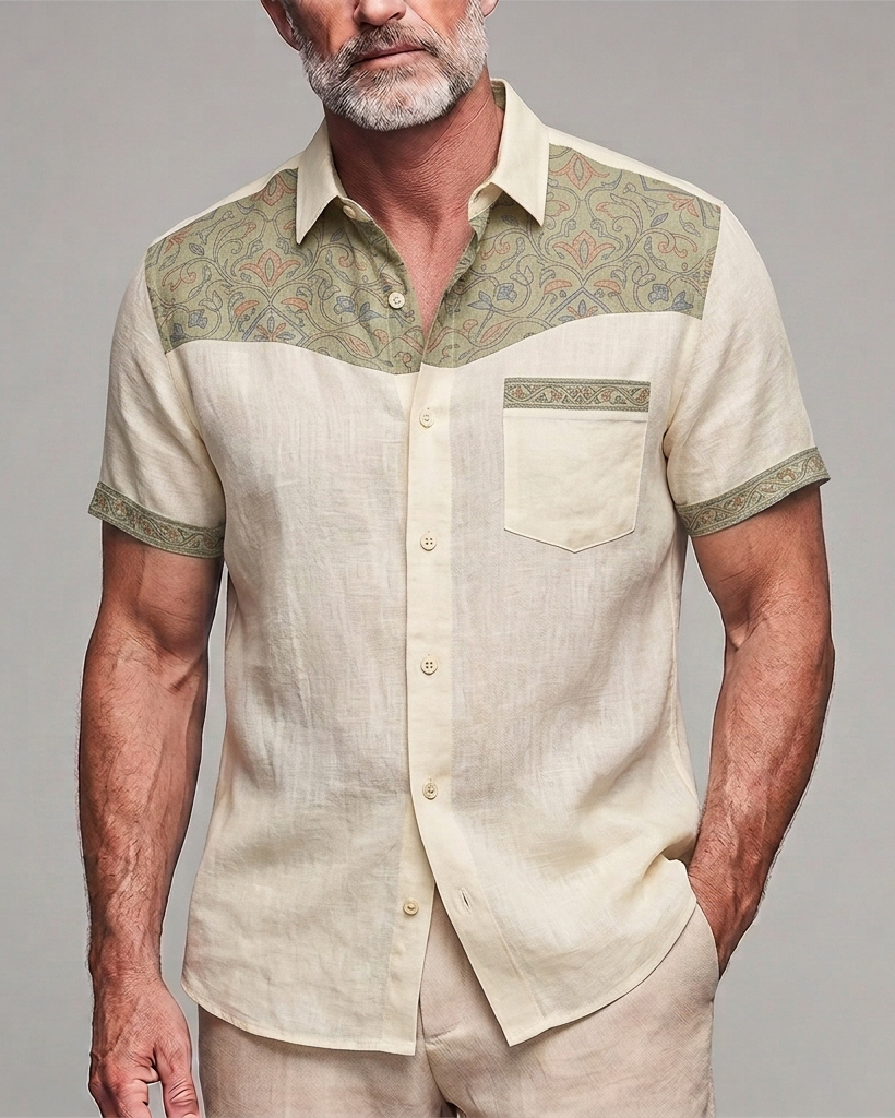 Men's Cream Retro Floral Patch Slim Fit Western Casual Linen Blend Short Sleeve Shirt