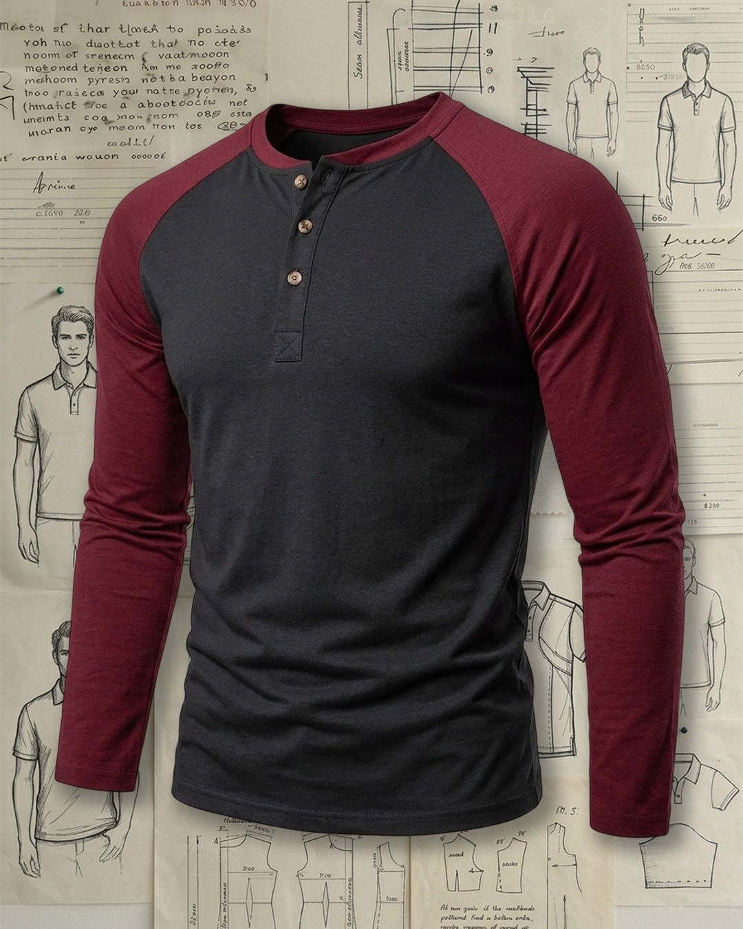 Men's Charcoal and Burgundy Raglan Henley Neck Slim Fit American Casual Long Sleeve T-Shirt
