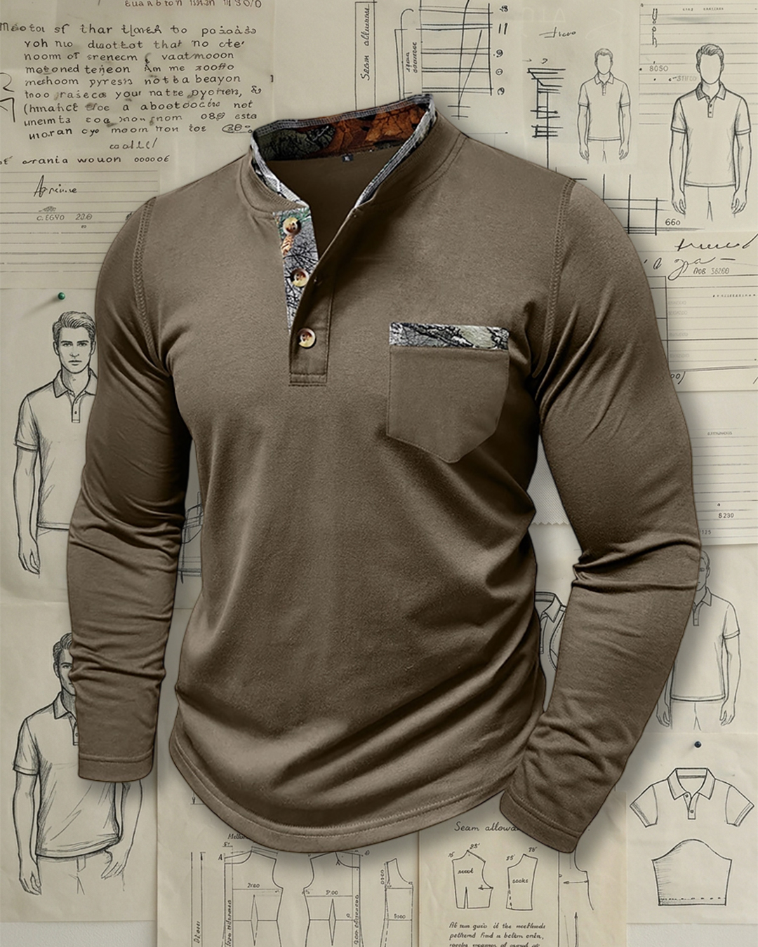 Men's Olive Green Camo Trim Slim Fit Outdoor Casual Long Sleeve Henley T-Shirt