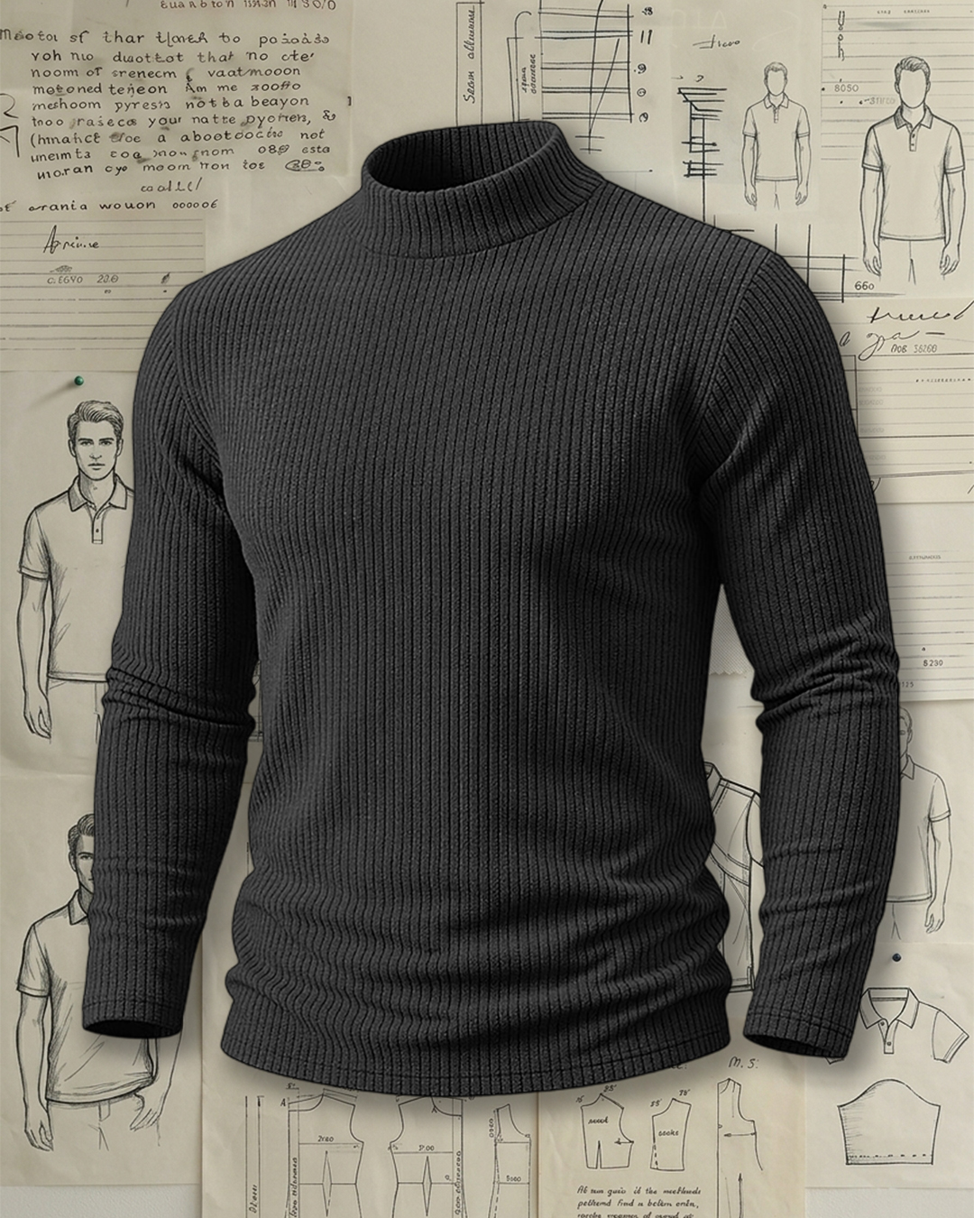 Men's Black Vertical Rib Mock Neck Slim Fit Minimalist Casual Knit Sweater