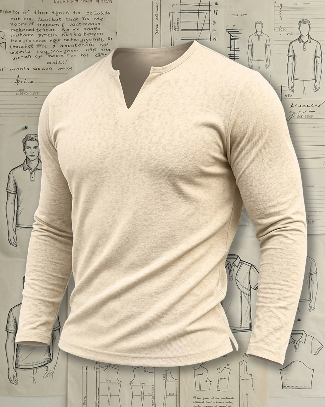 Men's Beige Notched Henley Neck Slim Fit Linen Blend Casual Long Sleeve T-Shirt
