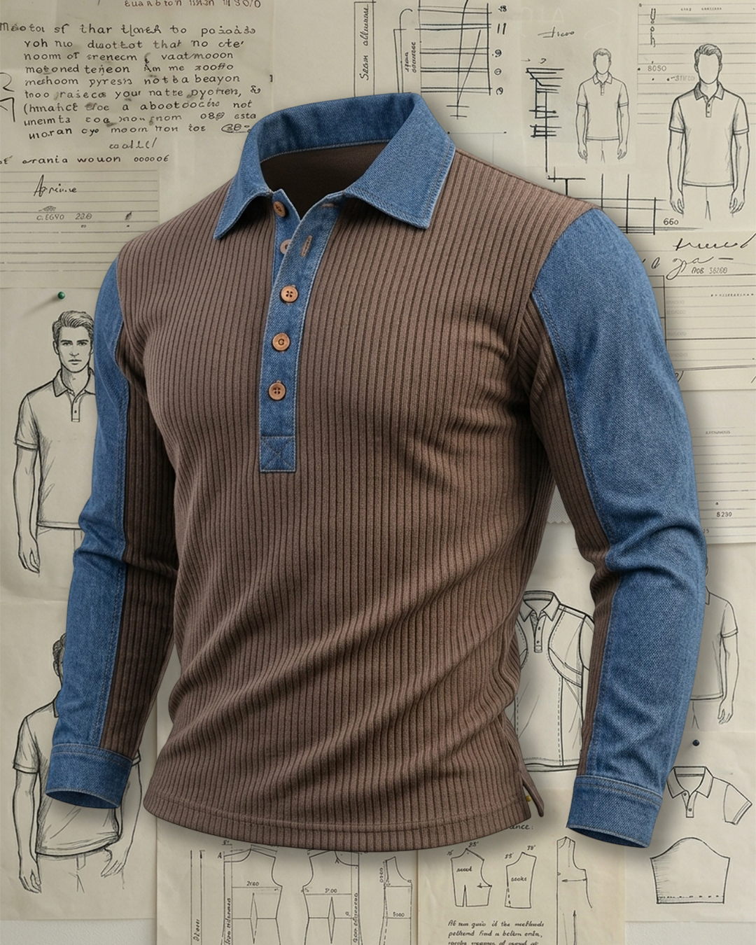 Men's Brown Rib and Denim Patch Slim Fit Retro Casual Long Sleeve Polo Shirt