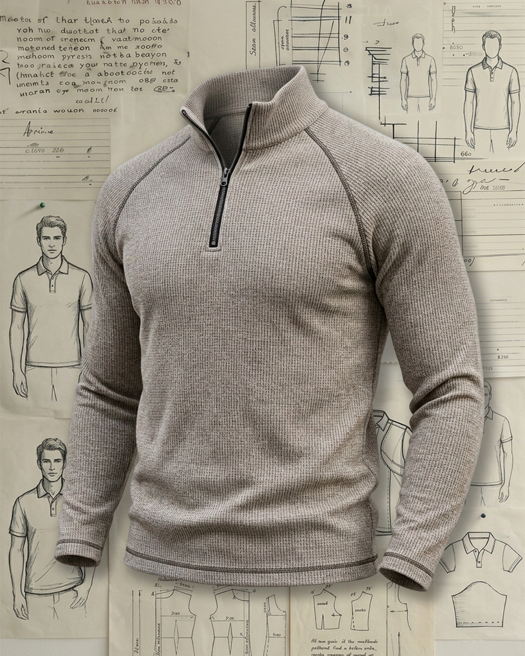 Men's Heather Grey Waffle Knit Half-Zip Slim Fit Outdoor Casual Long Sleeve Top