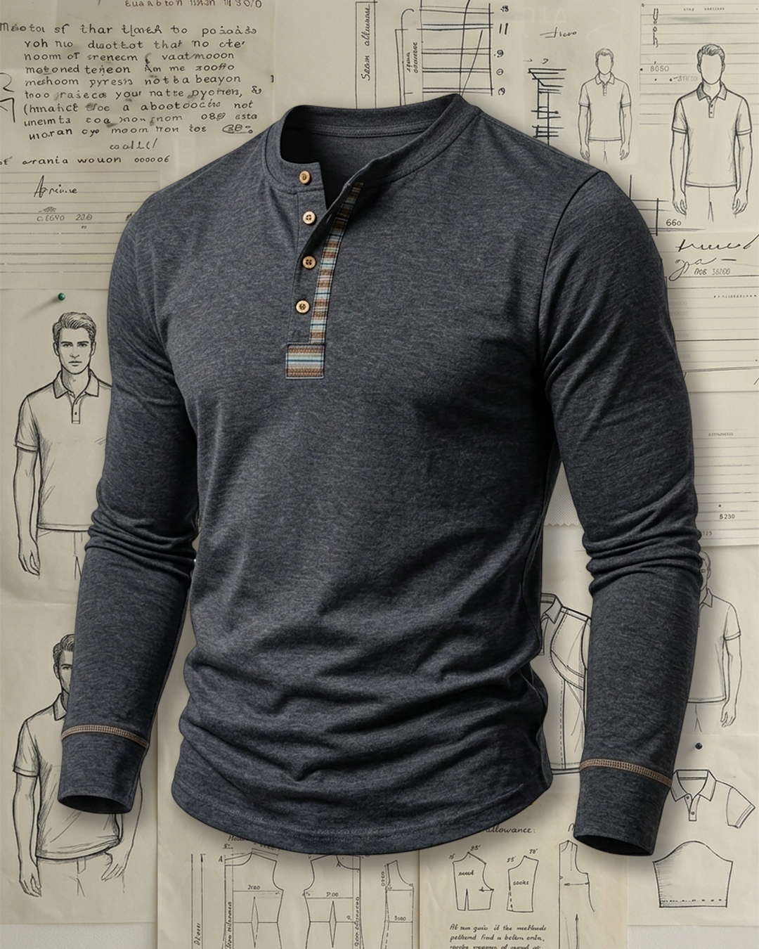 Men's Charcoal Heather Plaid Trim Slim Fit American Casual Long Sleeve Henley T-Shirt