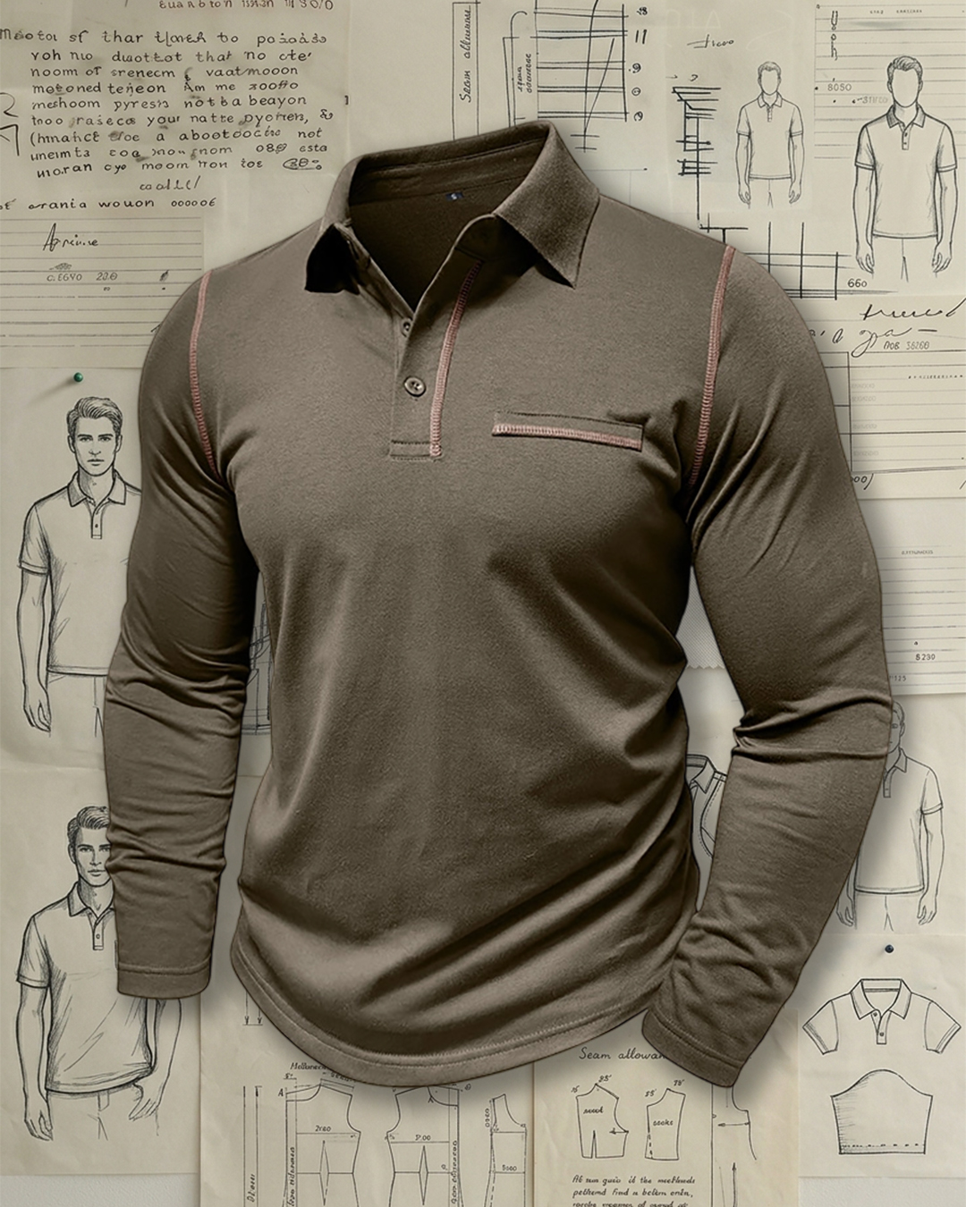 Men's Olive Green Pink Contrast Stitch Slim Fit Business Casual Long Sleeve Polo Shirt