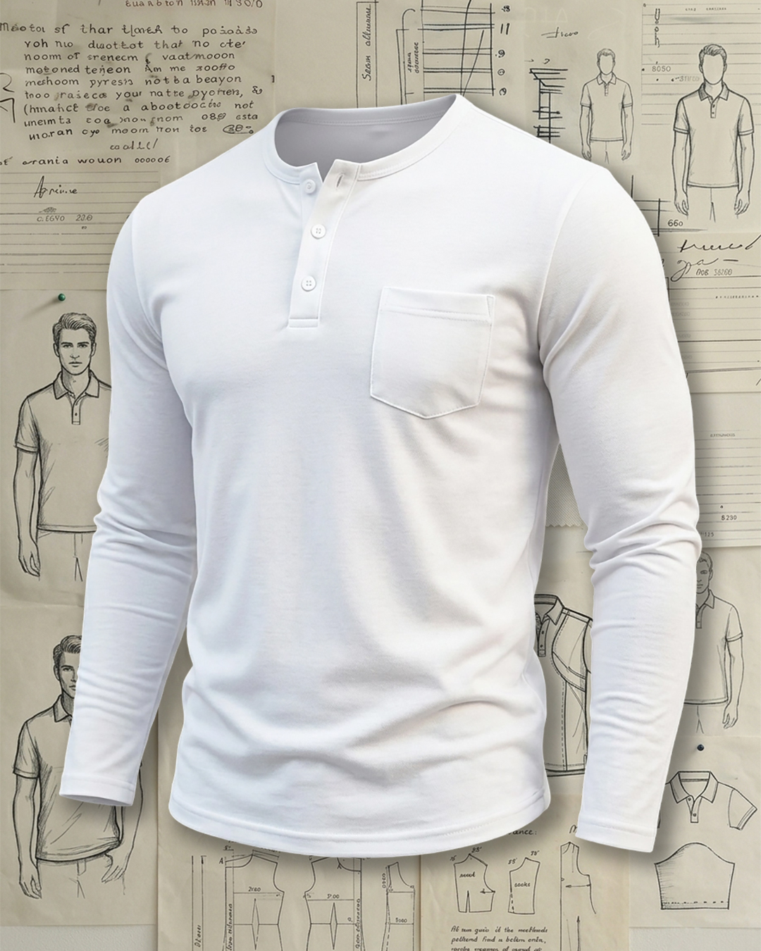 Men's White Chest Pocket Slim Fit Minimalist Casual Long Sleeve Henley T-Shirt