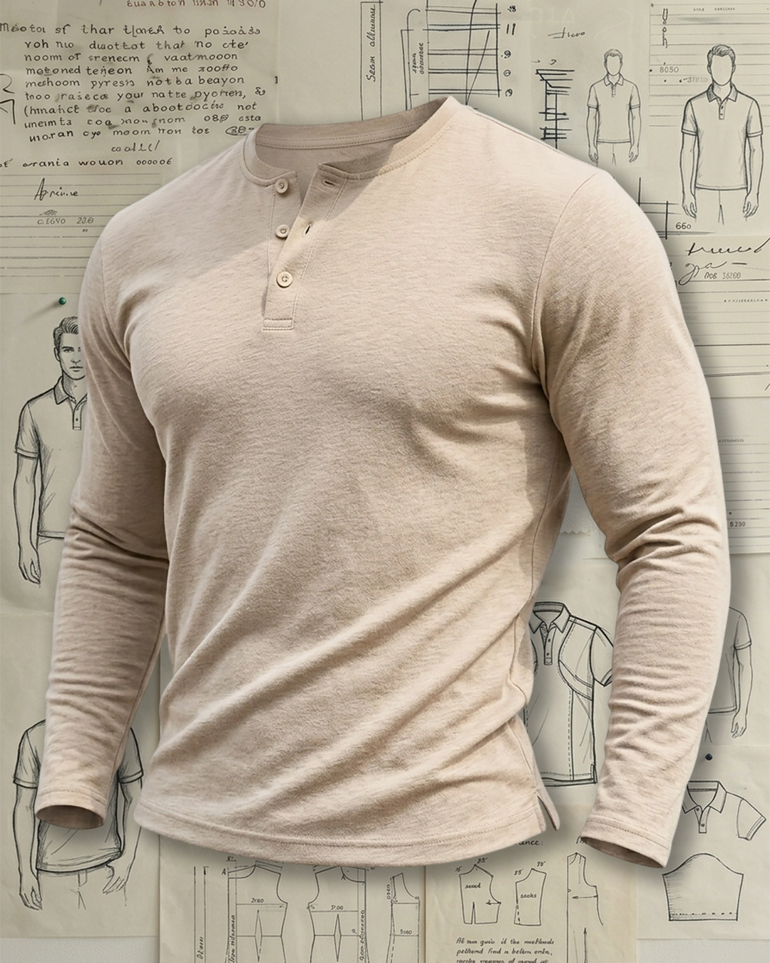 Men's Light Oatmeal Slim Fit Old Money Casual No-Print Henley Long Sleeve T-Shirt