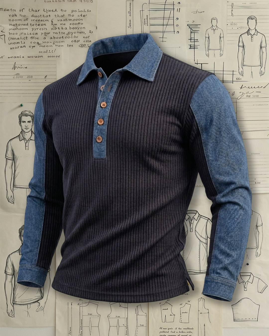 Men's Navy Vertical Rib Denim Patch Slim Fit Retro Casual Long Sleeve Polo Shirt