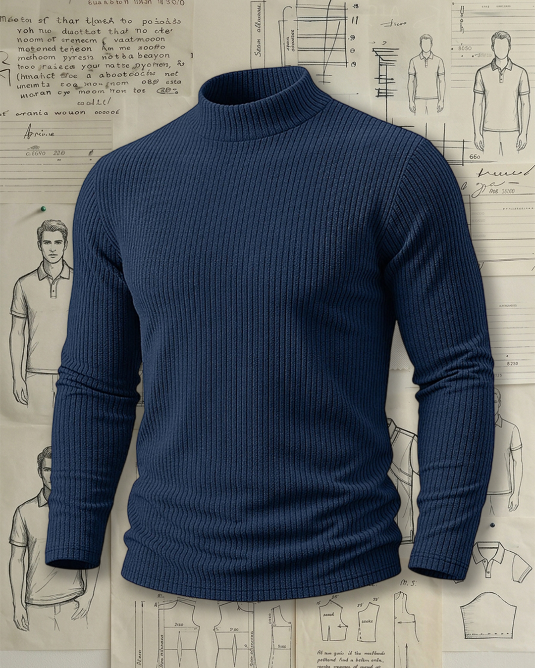 Men's Navy Vertical Rib Mock Neck Slim Fit Smart Casual No-Print Knit Sweater