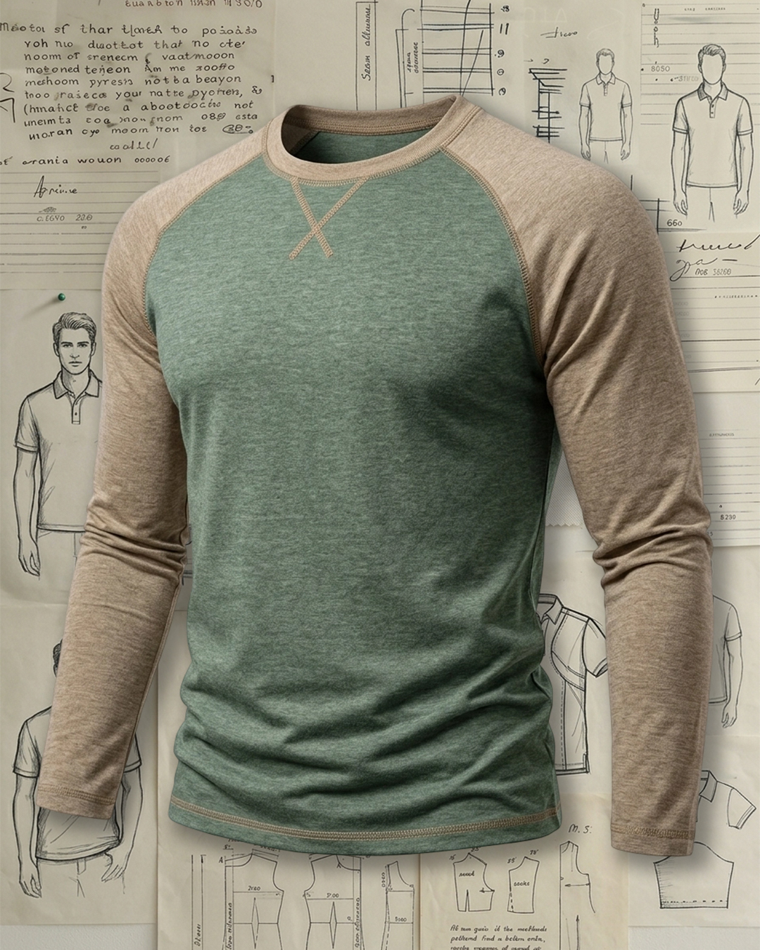 Men's Green and Khaki Raglan Sleeve Slim Fit Vintage Casual No-Print Long Sleeve T-Shirt