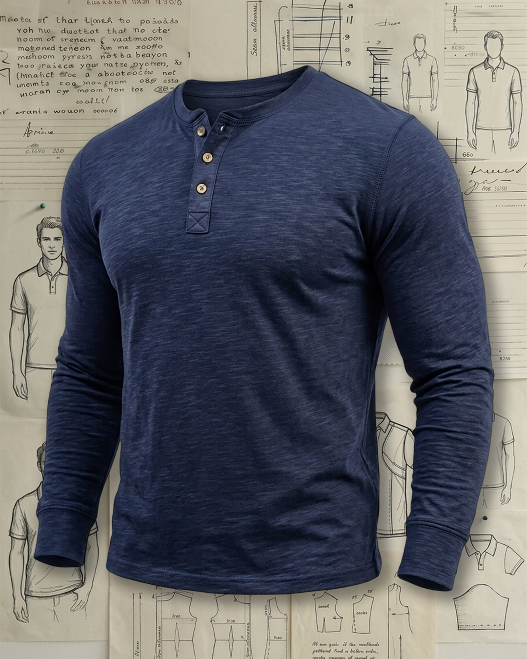 Men's Heather Navy Slub Slim Fit Rugged Casual No-Print Henley Long Sleeve T-Shirt