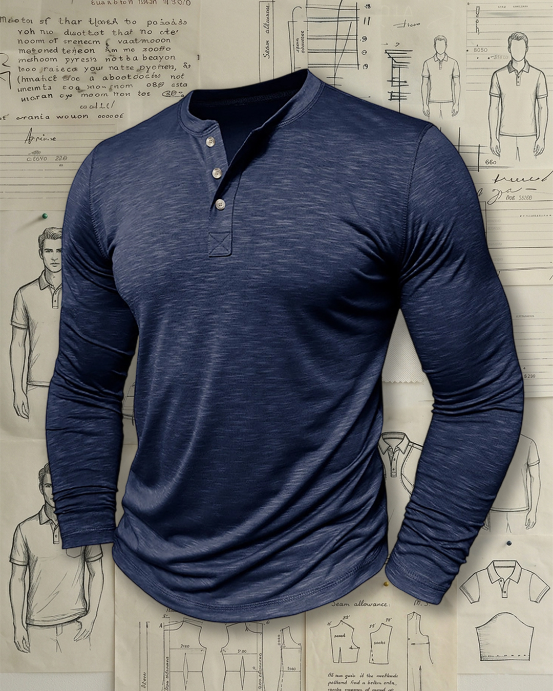 Men's Heather Navy Yarn-Dyed Curved Hem Slim Fit Casual No-Print Henley Long Sleeve T-Shirt